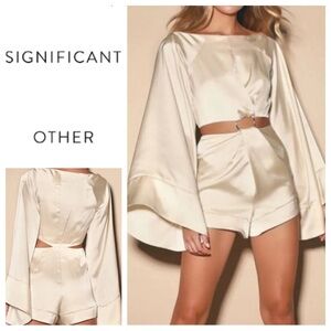 Significant Other Dusk Cream Satin Long Sleeve Cutout Romper Sz: 4